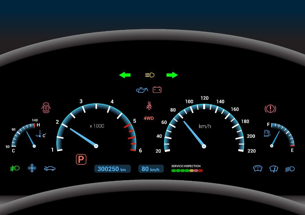 Car dashboard modern automobile control illuminated panel speed display