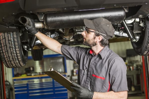 A Mechanic working on car's muffler in his shop